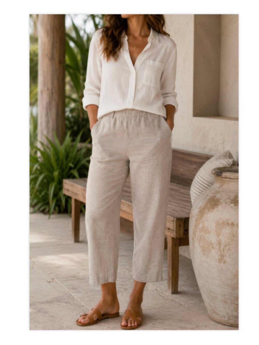 Madewell Linen Blend Wide Leg Pull On Pants Tan Beige Size 4 High Rise Beach